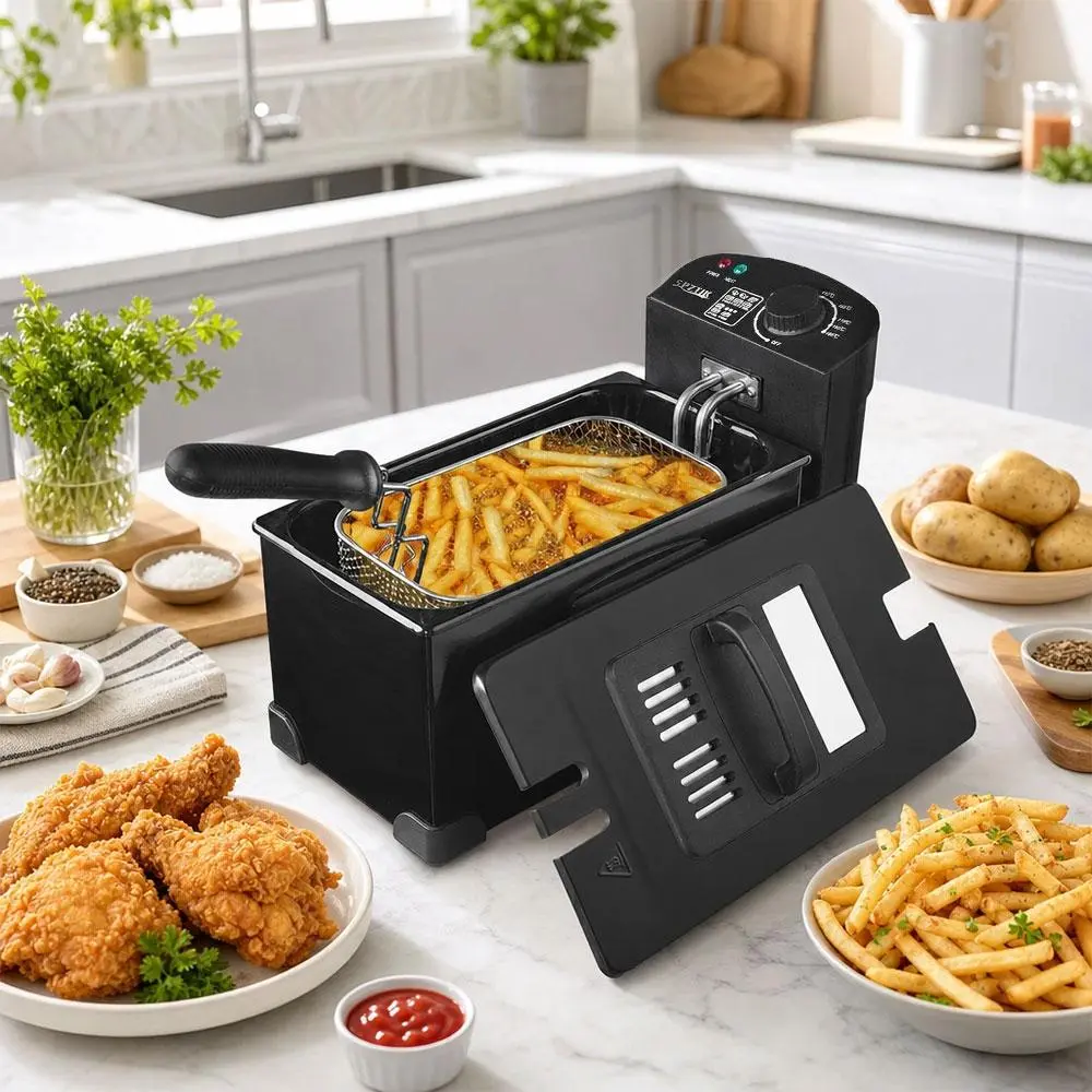 SPZTJK Countertop Electric Deep Fryer - 1500W Large Capacity, Oil Drain Feature, Removable Basket, Adjustable Temperature, Lid with Viewing Window, Ideal for Fried Chicken, French Fries, Home Use, Countertop Deep Fryer