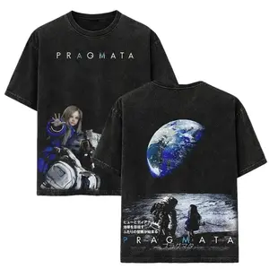 Unisex Pragmata Game v2 Graphic T-Shirt, Menswear Heavyweight Oversized Soft Cotton Apparel, Classic Seamless Short-Sleeve Round Neck Streetwear, Washed Print Aesthetic Fan Gift Top D3B