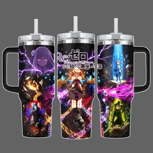 Re:Zero Emilia Rem Ram Natsuki Subaru Anime Stainless Steel Insulated Travel Tumbler With Handle & Straw Lid 20oz 40oz Full Wrap Magic Battle Design