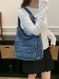 New Korean Style Washed Denim Vintage Trendy Fashion Tote Bag, Adjustable Stride, Multiple Pockets, Durable Multi-Layer Storage, Casual Travel Shoulder Bag