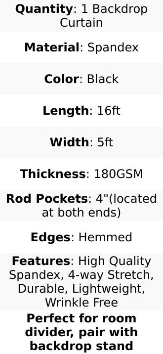 Black 4-Way Stretch Spandex Event Curtain Drapes, Wrinkle Free Backdrop Event Panel with Rod Pockets - 5ftx16ft