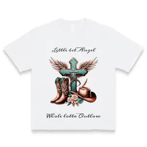 Little Bit Angel Whole Lotta Outlaw Tee - Western Cross & Cowboy Gear Design, Country Faith Shirt