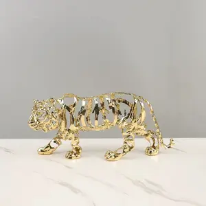 Modern Hollowed-Out Golden Tiger Statue, Luxurious Metal Tiger Decor for Home Office, Abstract Animal Sculpture for Bookshelf & Living Room