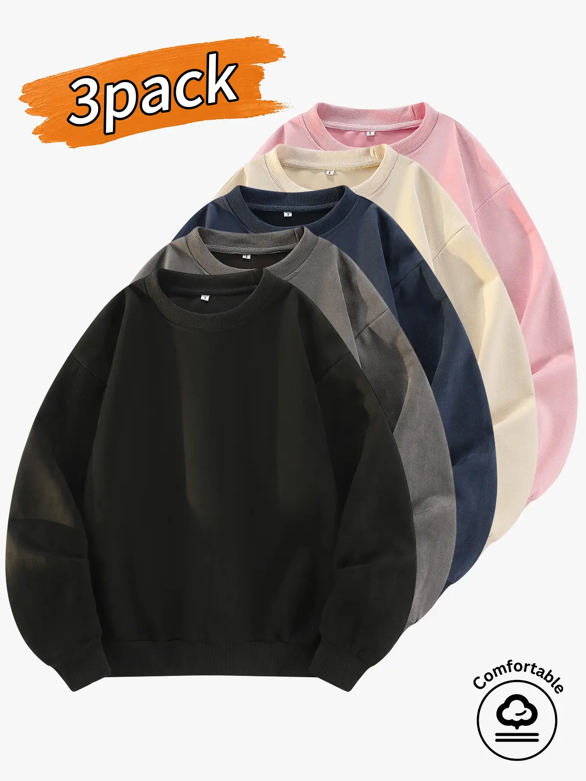 3-pack men's tops, men's crewneck sweatshirts, men's casual long-sleeve sweatshirts.Solid color basic loose fit, simple clean design with no unnecessary prints—minimalist and versatile, works with any outfit style; suitable for home lounging, going out sh