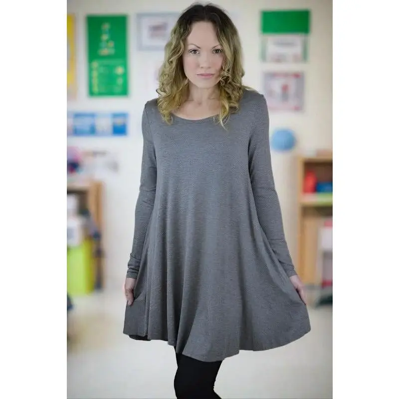 Jodifl Long Sleeve Basic Wide Hem Dress - Charcoal