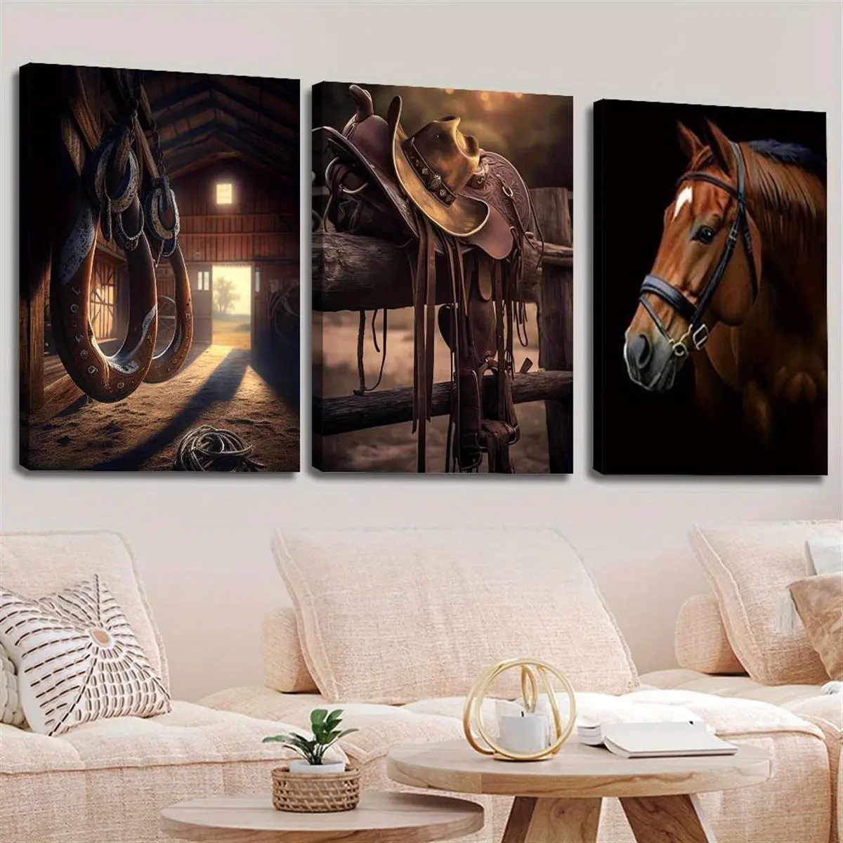 3pcs Wood Frame Canvas Print Artistic Decorative Painting - Western Farm Cowboy Theme with Stable, Fish, Saddle, Cowboy Hat for Indoor Home Wall Decoration