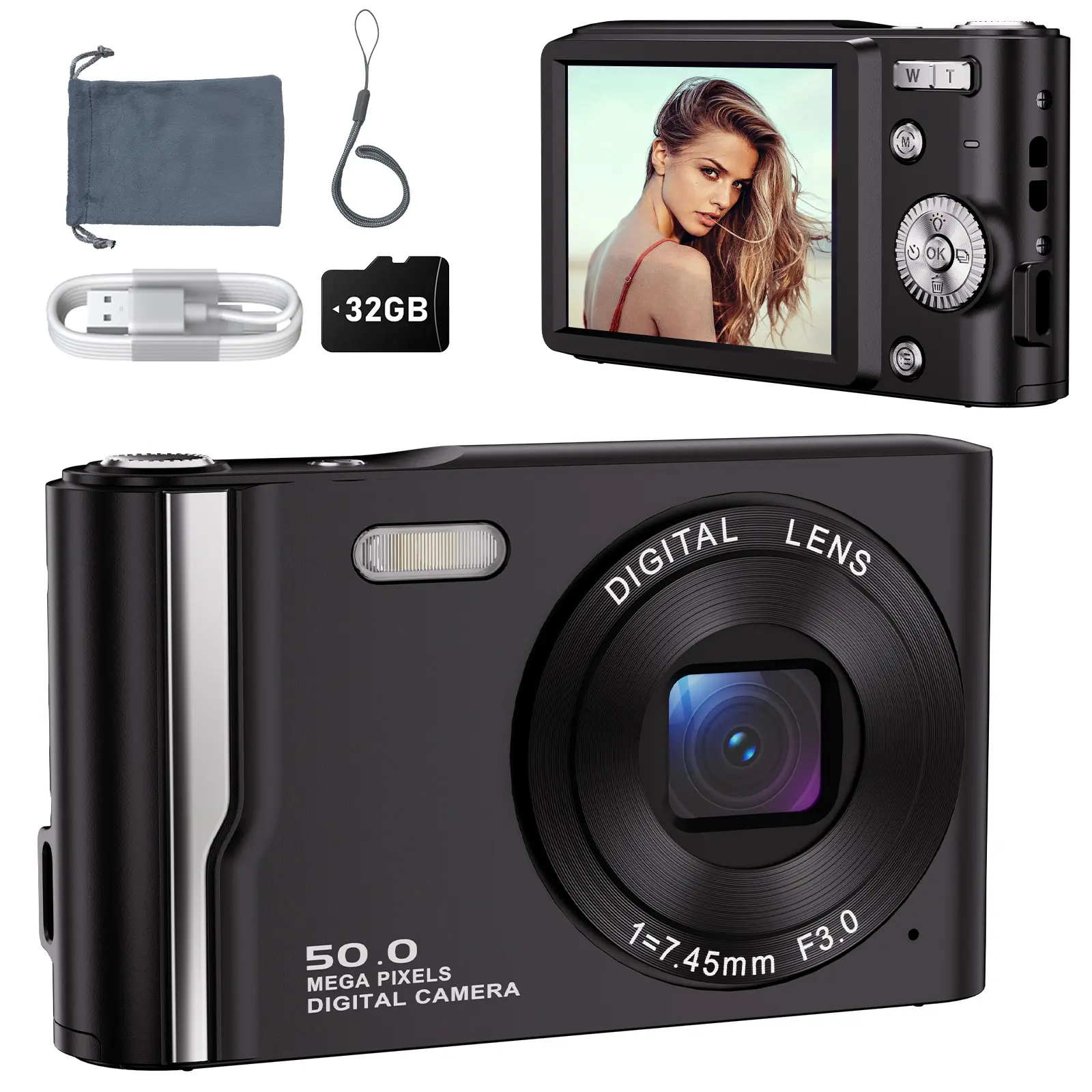 Digital Camera, Kids Camera, 50 Megapixel 16x Digital Zoom Focus Camera with 32GB card, Auto Focus,Anti-Shake Compact Compact Camera for Teen Adult Beginners Black backtoschool