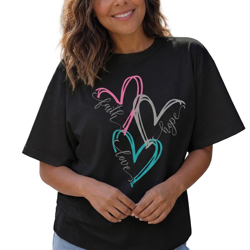 Women's Faith Hope Love Heart 100% Cotton Tee Inspirational Christian Line Art Graphic T-Shirt