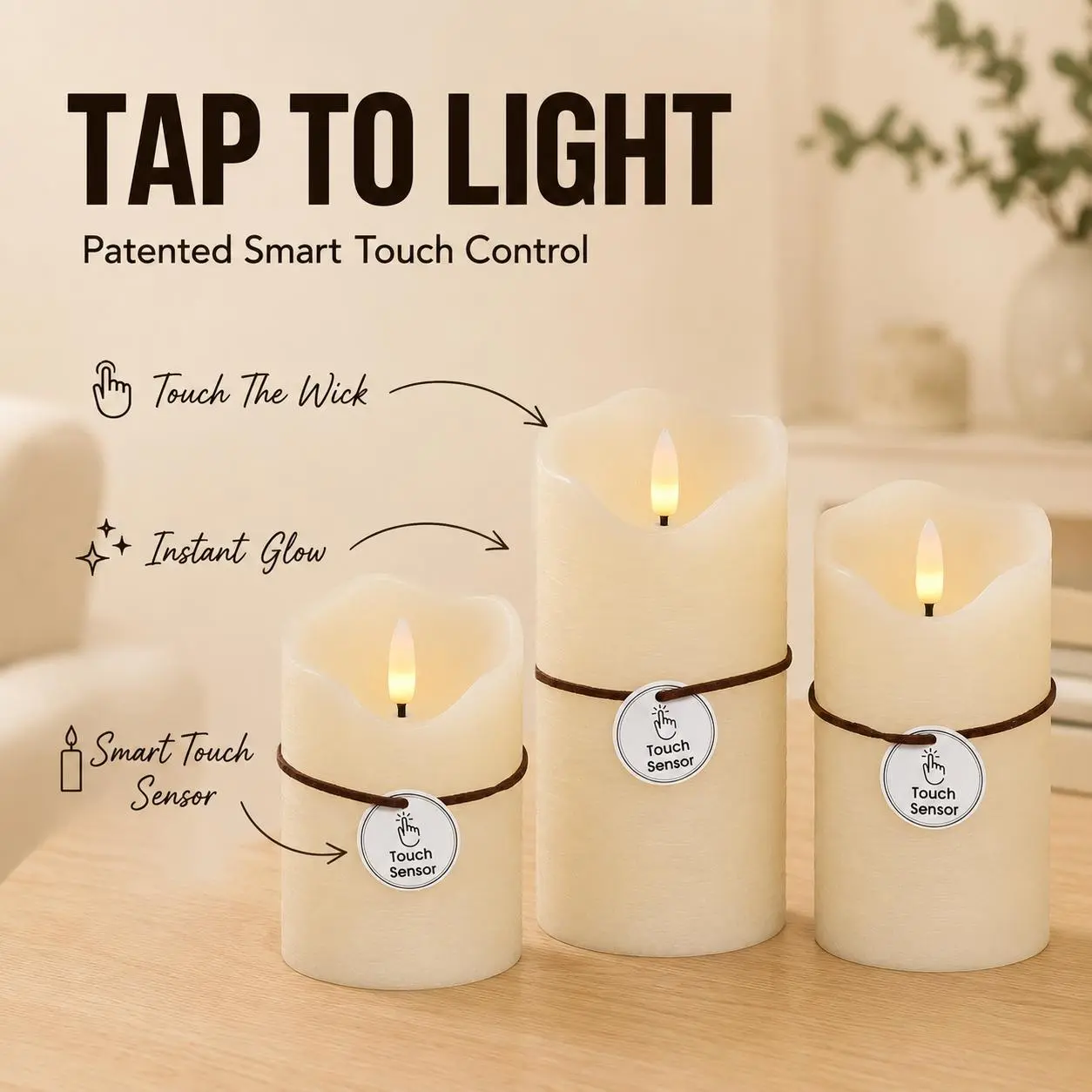 Wonder Fonder Touch Control Flameless Candles Set of 3, Real Wax Ivory LED Pillar Candles 3 in Diameter, 4/5/6 in Heights, 6H Timer, Battery Operated Safe Home Decor for Bedroom, Dining Table, Party & Gifts