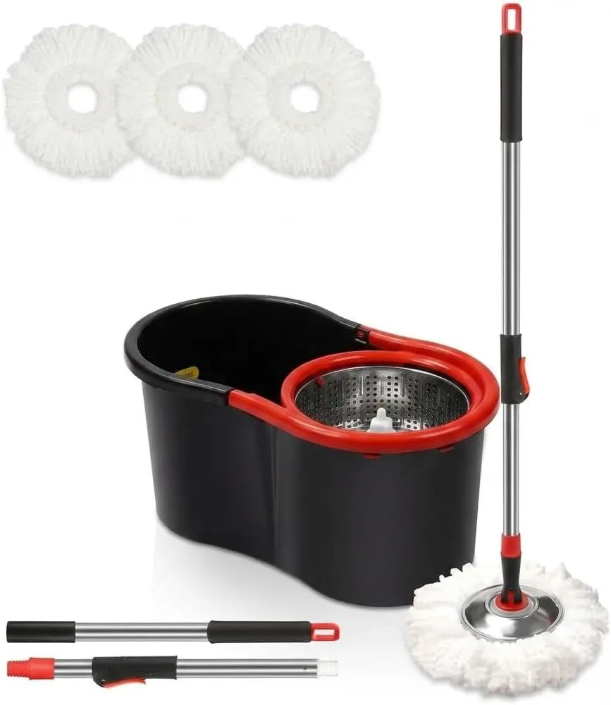 Spin Mop and Bucket with Wringer Set, 3 Mop Heads, 51" Adjustable Handle