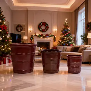 Aobtkel Handmade Glazed Ceramic Planter Set of 3, 16/13/10 Inch Diameter, Horizontal Rib Design, for Monstera and Fiddle Leaf Fig Outdoor Garden & Indoor Staircase Use, Breathable Clay, Deep Reddish-Brown#Summervibes