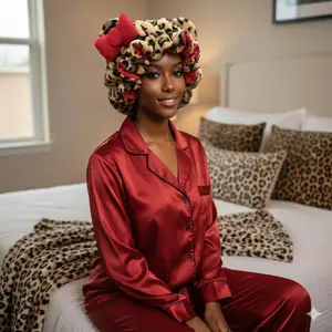Leopard Print Plush Hair Bonnet | Cute Sleep & Shower Cap for Women, Curly Hair Protection Cap for Spa, Nighttime & Self-Care