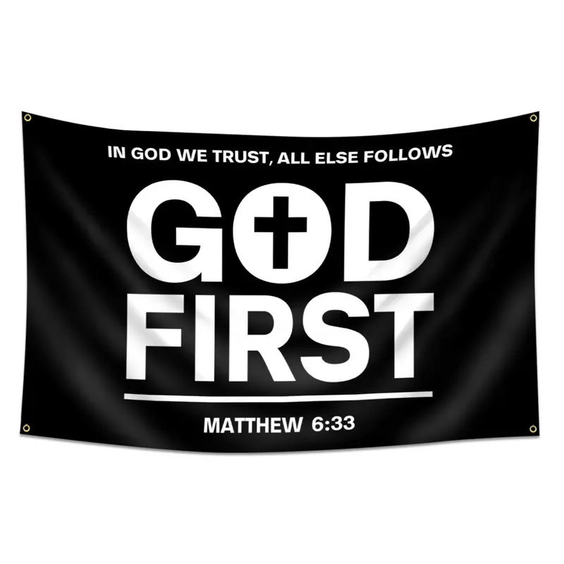 GOD FIRST Flag 150x90cm Single Sided Flag with 4 Brass Grommets - Jesus Christ American Polyester Flags for Outside or Inside, Jesus Bedroom Wall Decor, Christmas Banner, Outdoor Balcony Yard Decor, Yard Sign Banner, Home Wall Hanging, Decoration