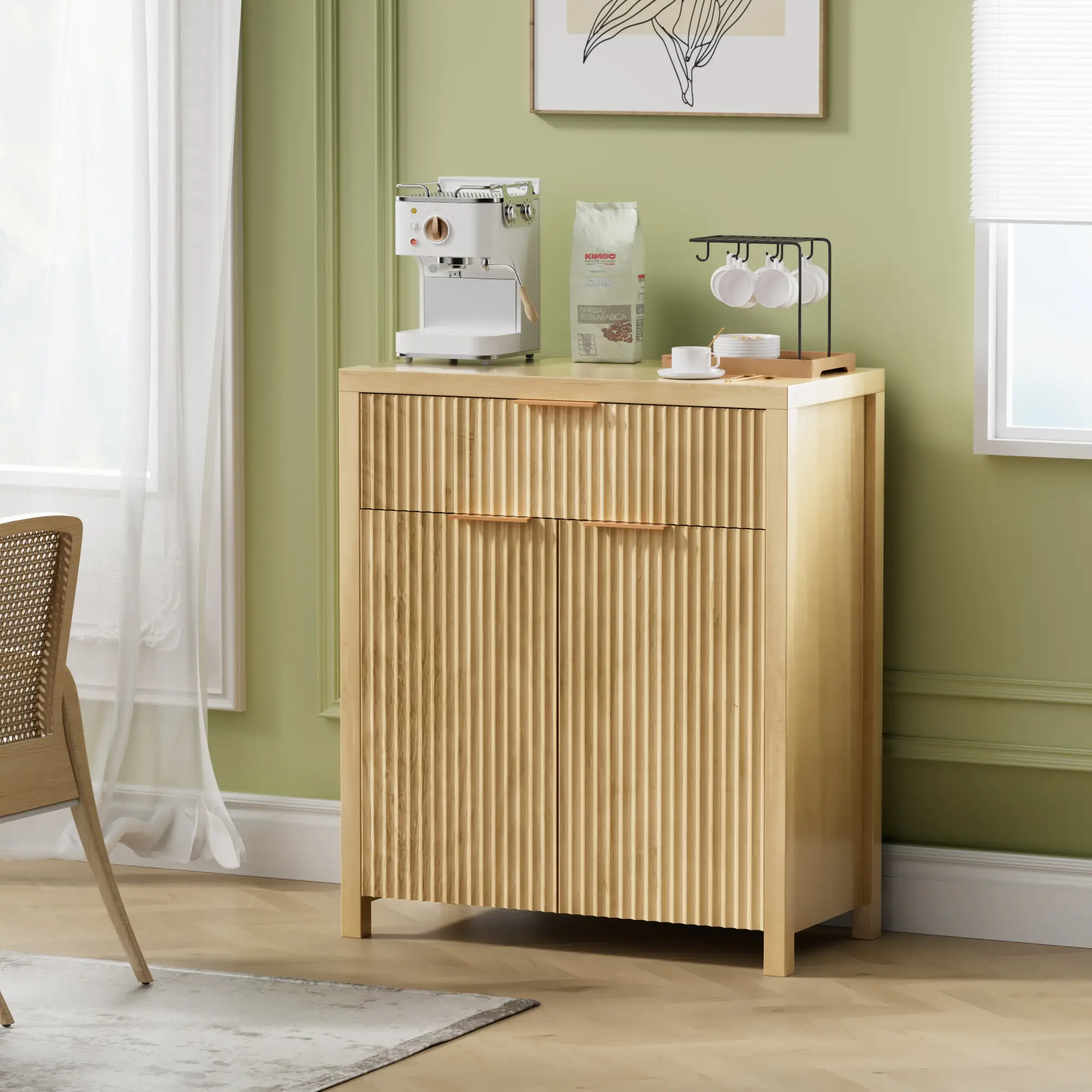 【FallDealsForYou】AOWOS Fluted Sideboard Buffet, Wooden Storage Cabinet with Adjustable Shelves, Freestanding Kitchen Pantry Cabinet, Floor Storage Cab