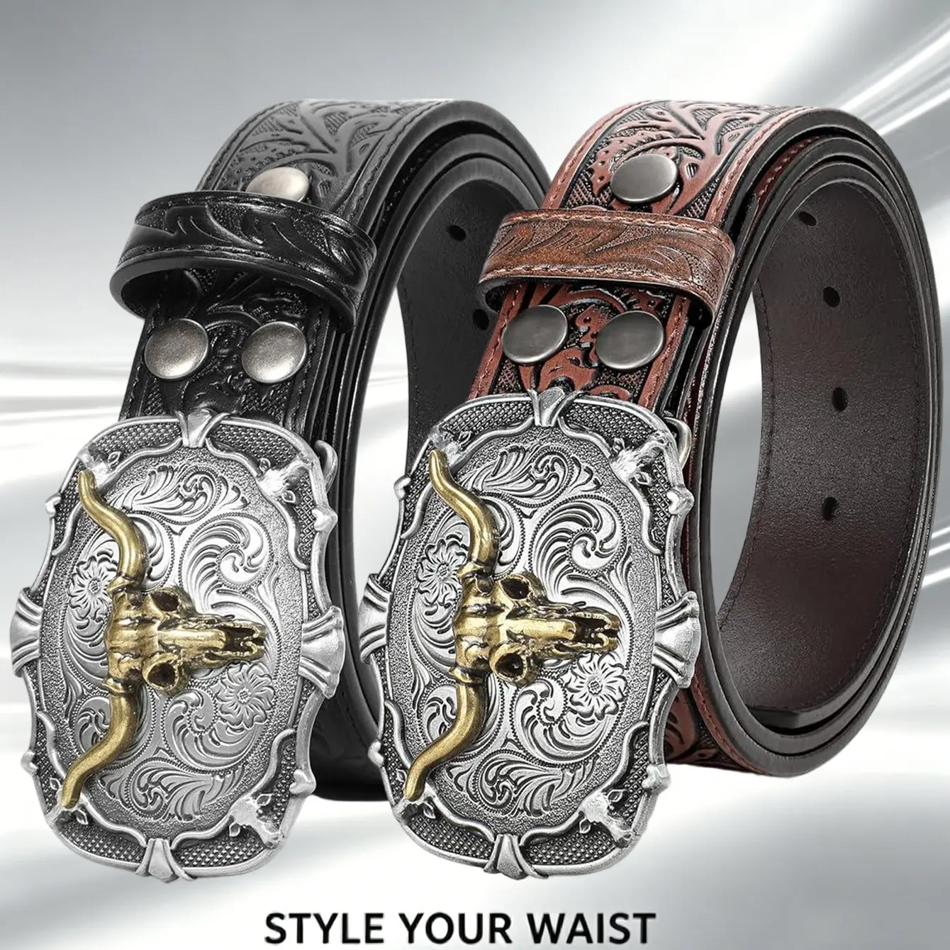 Men’s vintage western cowboy embossed leather belt with longhorn bull skull design, metal buckle, tooled waist strap for rodeo country outfits