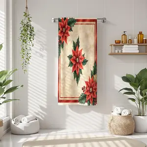 1Pc Christmas Style Poinsettia Pattern on Cream Colored Background Bathroom Hand Towel Bath Towel, Multiple Size Microfiber Towel, Ultra-Soft Quick Dry and Absorbent Polyester Large Bath Towel, Kitchen Towels, Festiv