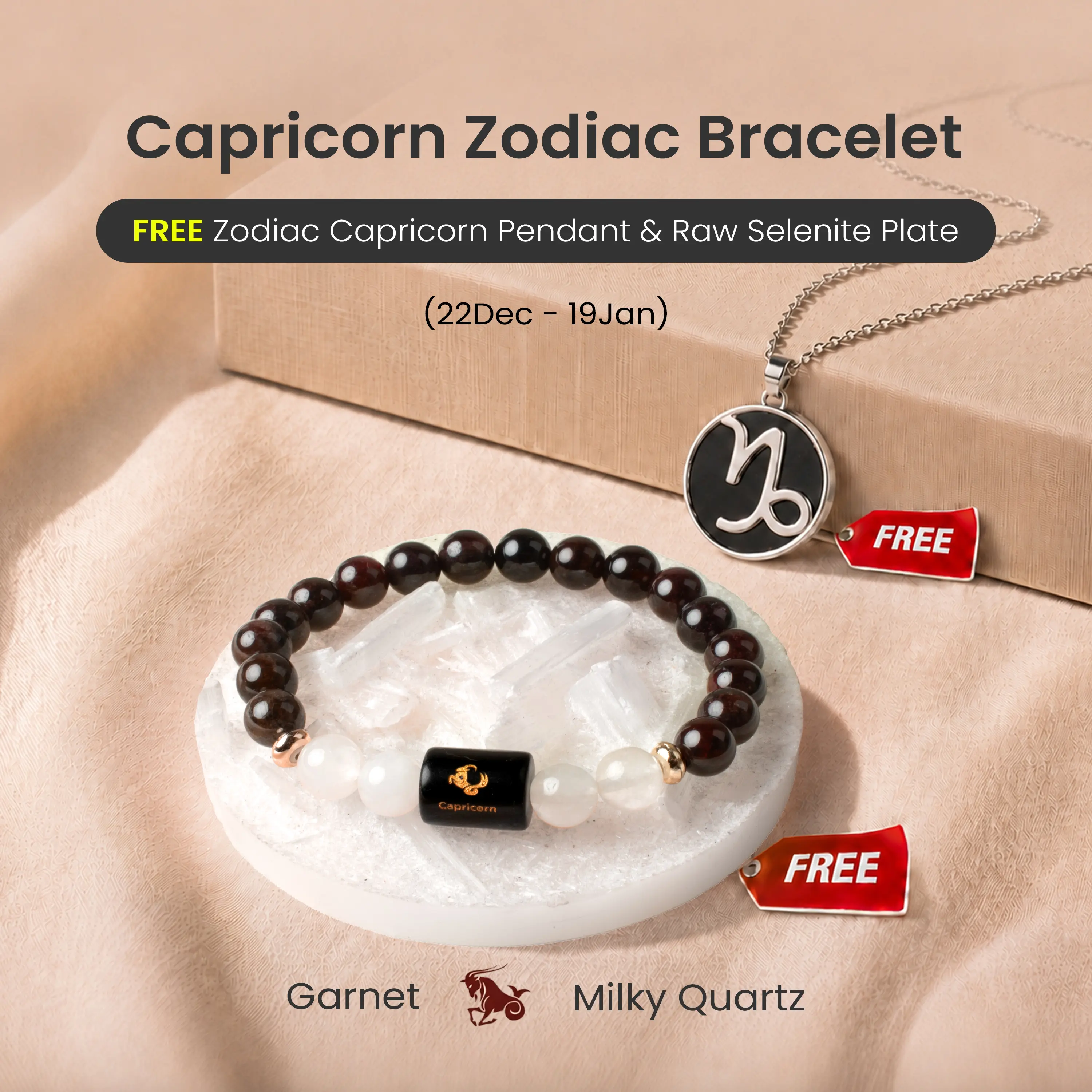 Astrotalk Garnet & Milky Quartz Capricorn Zodiac Bracelet for support strength, stability & grounding | FREE Capricorn Pendant & Raw Selenite Plate for Crystal Charging | Daily Wear Jewellery | Certified Authentic | Perfect Gift for Capricorns