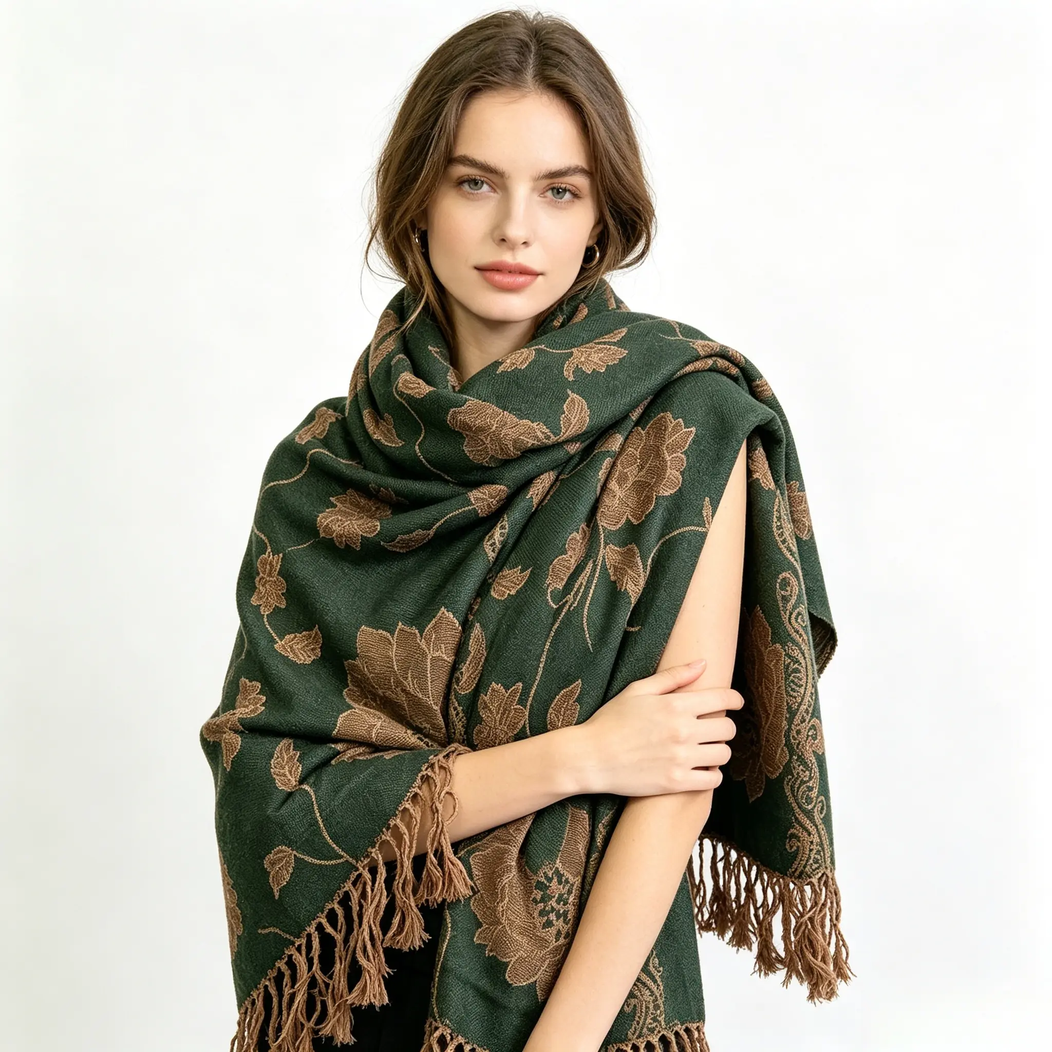 Scarf for Women, Bohemian Floral Jacquard Pashmina Shawl in Soft 100% Viscose with Handmade Tassels, Lightweight All-Season Wrap for Gifting, Women's Fashion, Boho Chic Scarves