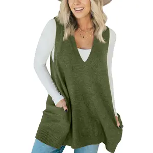 YF Comfortable Loose Knit Tunic Vest, V-Neck Sleeveless Mid-Length Dress for All-Day Wear Womenswear Comfy Casual Flowy Spring Streetwear Tops