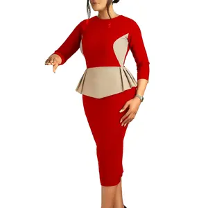 Autumn and winter clothing Elegant Office Ladies Dresses for African Round Neck Full Sleeve Patchwork Sheath Package Hips Mid Calf Professional Work Dress