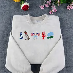 Icon Embroidered Patriotic East Coast July 4th USA, Polo Sweatshirt, Nantucket Maine Delaware Florida Great Lakes