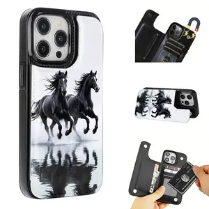 White Background Running Horse Pattern Leather Card Holder Phone Case, Suitable for iPhone 17 Air/16 Plus/15 Pro Max/14 Pro/13/12/11/XS Max/X Phone Case, Perfect Gift for Thanksgiving and Christmas for Family, Friends, Lovers, Boyfriend, Girlfriend