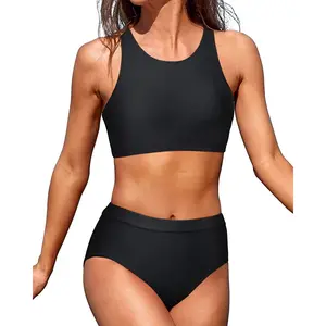 Tempt Me Women High Waisted Bikini Two Piece Swimsuits High Neck Crop Top Racerback Sporty Bathing Suits for Teen Girls