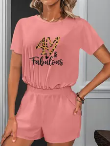 Summer Casual Plus Size Leopard & Number Print Set, Short Sleeve Top + Shorts, Loose Fit Vacation Style, Floral Pattern, All Seasons