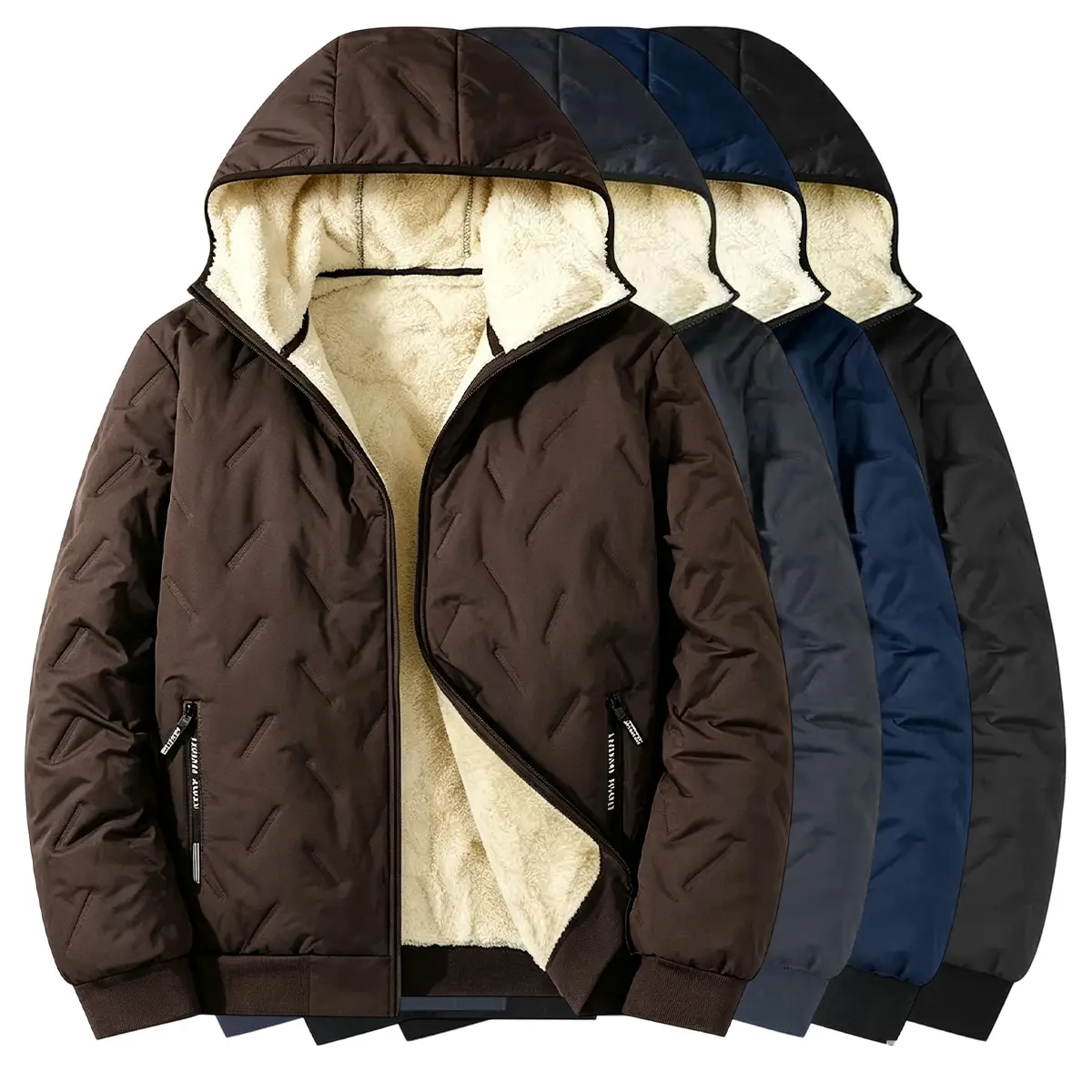 Men's Fleece Lined Hooded Jacket, Full Zip Quilted Outer Coat, Windproof Long Sleeve Outerwear with Zipper Side Pockets, Casual Winter Jacket for Daily Commuting & Outdoor Activities