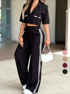 New Women's Pants Set, Colorblock Short Pants, Side Stripe Wide Leg Pants, Sweet Cool Punk Commuter Casual Two-Piece Set, Womenswear