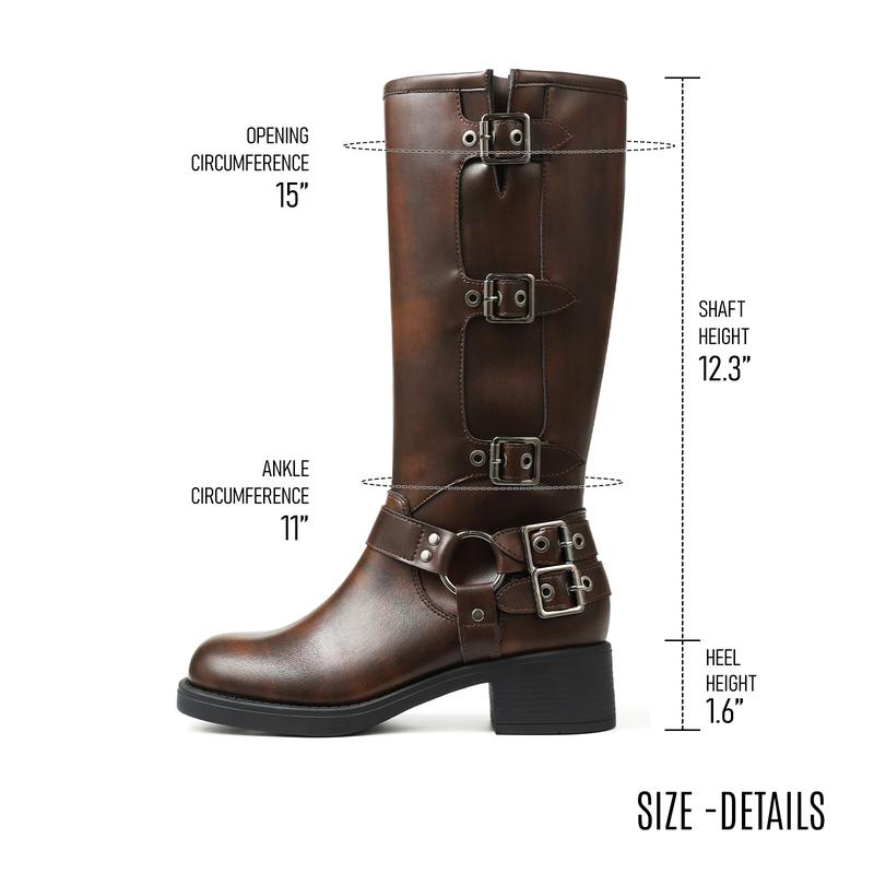 CELNEPHO Motorcycle Combat Boots Round Toe Chunky Block Vintage Heel Metal Buckle Design Pull on Rocky Boots Gift Party Riding Spring Valentine Fashion Dress Shoes