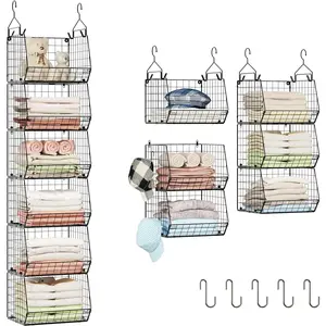 6 Tier Closet Hanging Organizer, Clothes Shelves with 4 Hanging Hooks, 5 S Hooks, Wire Storage Basket Bins, for Clothing Sweaters Shoes Handbags Clutches Accessories  Design