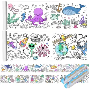 Coloring Paper Roll for Kids 2 Rolls, Sticky Children's Drawing Sheet Roll for Toddlers, 118x11.8″ Large Painting Page for Kindergarten Home Kids Birthday Party (Ocean + Spaceship)
