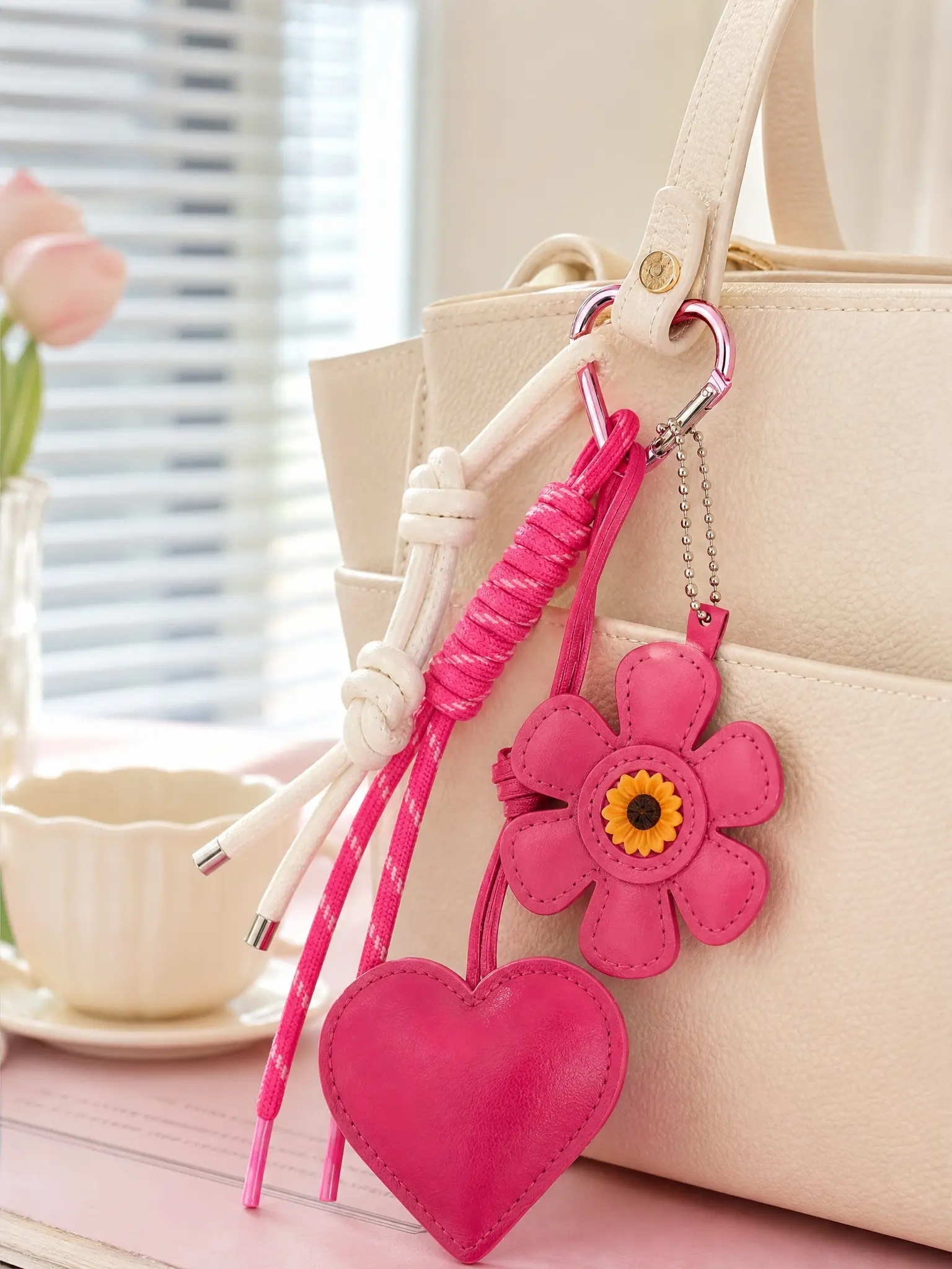 Miu-Style Creative PU Leather Heart Flower Pendant Aesthetic Keychain, Cute Daisy Heart Bag Charm, Trendy Braided Rope Leather Accessory for Girls Heart Shaped Keychain, Heart Design Keychain