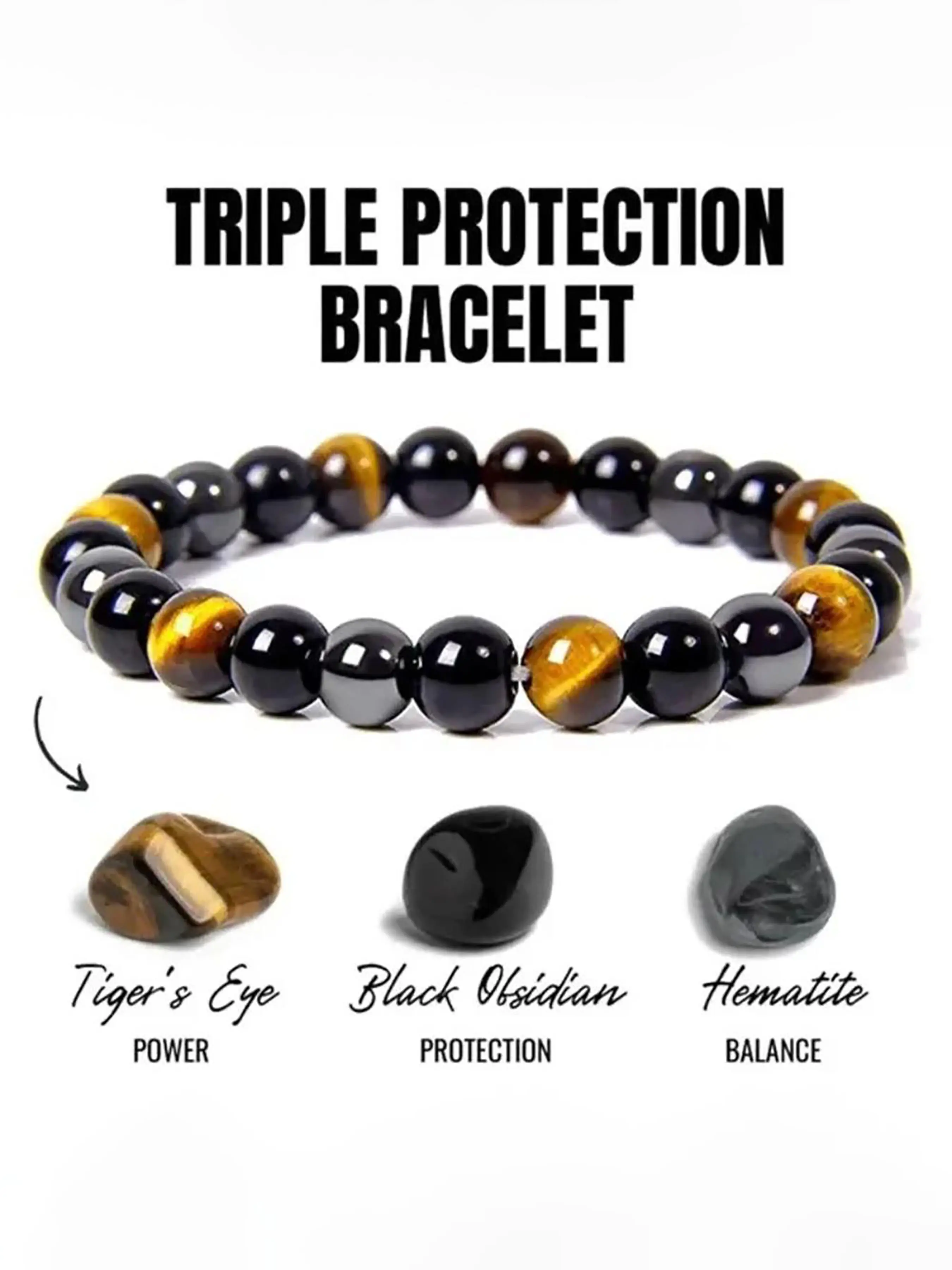 Triple Protection Bracelet, Unisex Gemstone Healing Crystal Bracelet, Crystals Bracelets, Fashionable Jewelry for Women & Men, Ideal Gift for Friends, Energy Bracelet