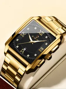 Men's Business Fashion Rhinestone Decorated Analog Quartz Watch, Stainless Steel Wristwatch, Waterproof Calendrier Watch for Party, Daily  Decor, Trendy Watch for Birthday Gift with Box