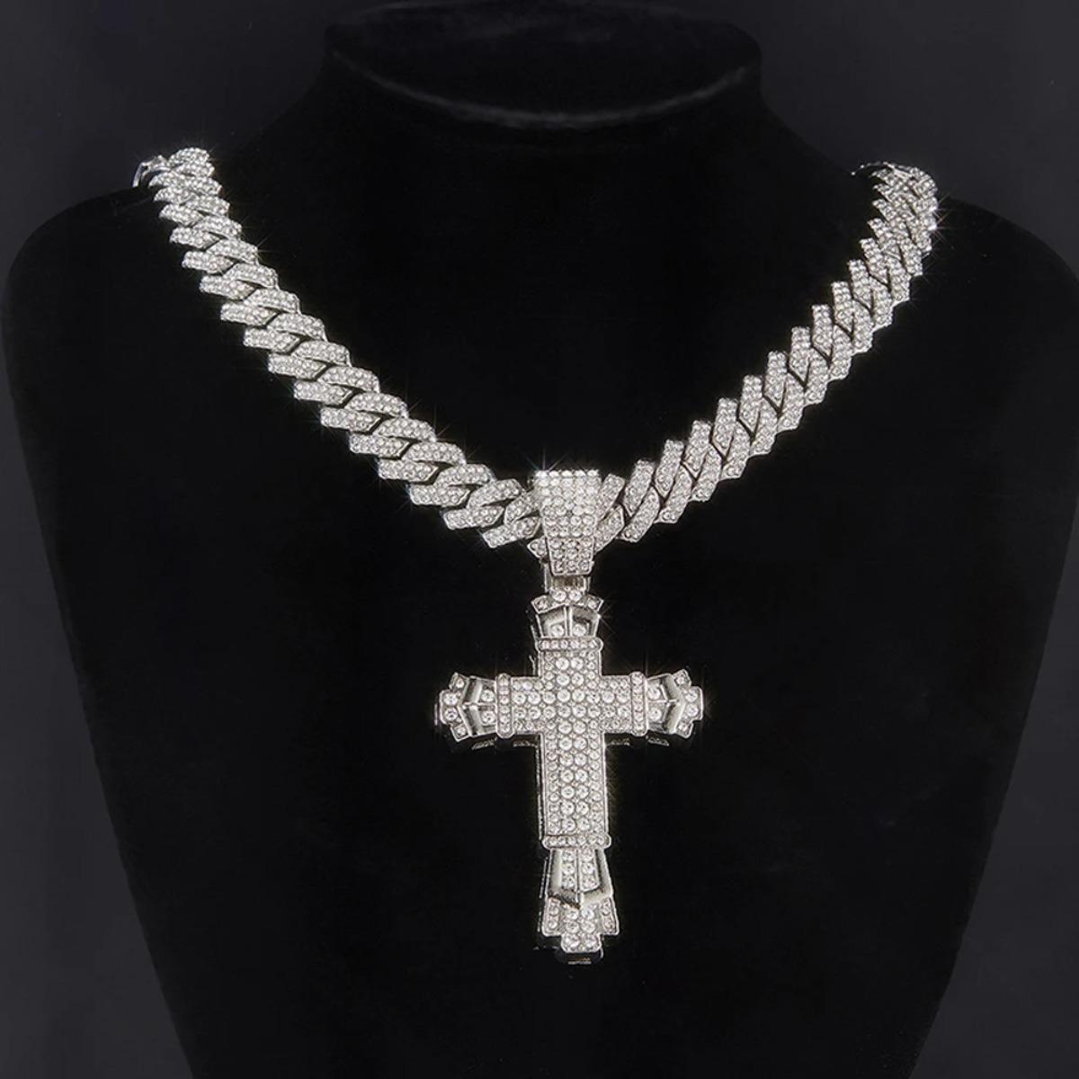 Cross Pendant Necklace Hip Hop Iced Out Cuban Link Chain Full Rhinestone Alloy Jewelry for Men Women