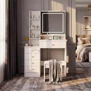 Vanity Desk with Mirror and Lights,Makeup Vanity Table with 5 Drawers and 4 Storage Shelves ,  3 Lighting Colors,Dressing Table for Women Girls Bedroom, White Pantry LED Dresser