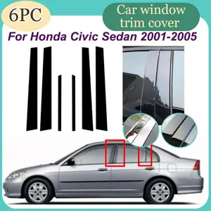 For Honda Civic Sedan 2001-2005, 6Pcs Glossy Black Pillar Posts Window Decor Sticker Cover Stickers, Car Window Decal