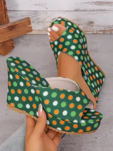 Fashion Women's Polka Dot V-Neck Wedge Sandals, Open-Toe Design, Anti-Slip Durable Rubber Sole, Height-Increasing Slimming, All-Season Versatile