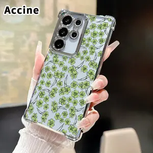 St. Patrick‘s Day Clover charm Pattern Mobile Phone Case Compatible with Samsung Galaxy S23 Ultra S24 Plus S25 S22+ FE Edge Four Corner Anti-drop Shockproof Non-slip Silicone Transparent Protective Cover