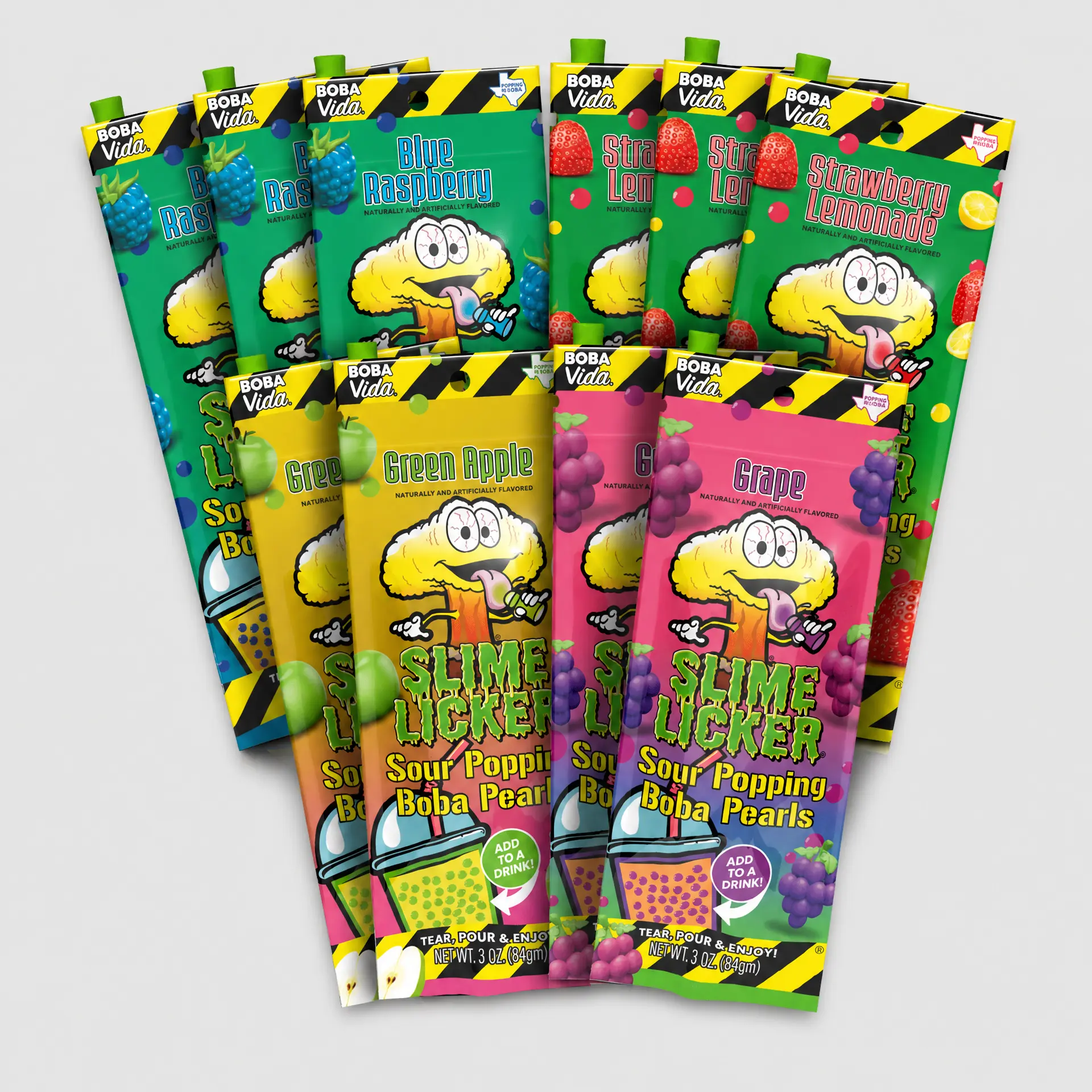 Sour Slime Licker Variety Popping Boba (10 Pouches) Green Apple, Blue Raspberry, Strawbeery lemonade, Sour Grape,  Bursting boba Pearls for Beverage Drinks, Bubble teas & Desserts | Vegan, Gluten-Free | Tapioca pearls alternative, Includes Straws