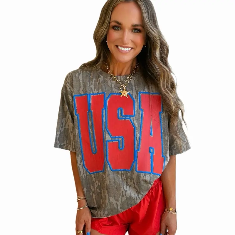 USA 4th of July Outlined USA Puff Print Memorial Day T-Shirt