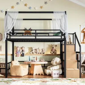 Full/Queen Loft Bed with Storage Stairs and Wardrobe, Metal Loft Bed with Canopy Frame, Ample Underbed Spaces Design, Black