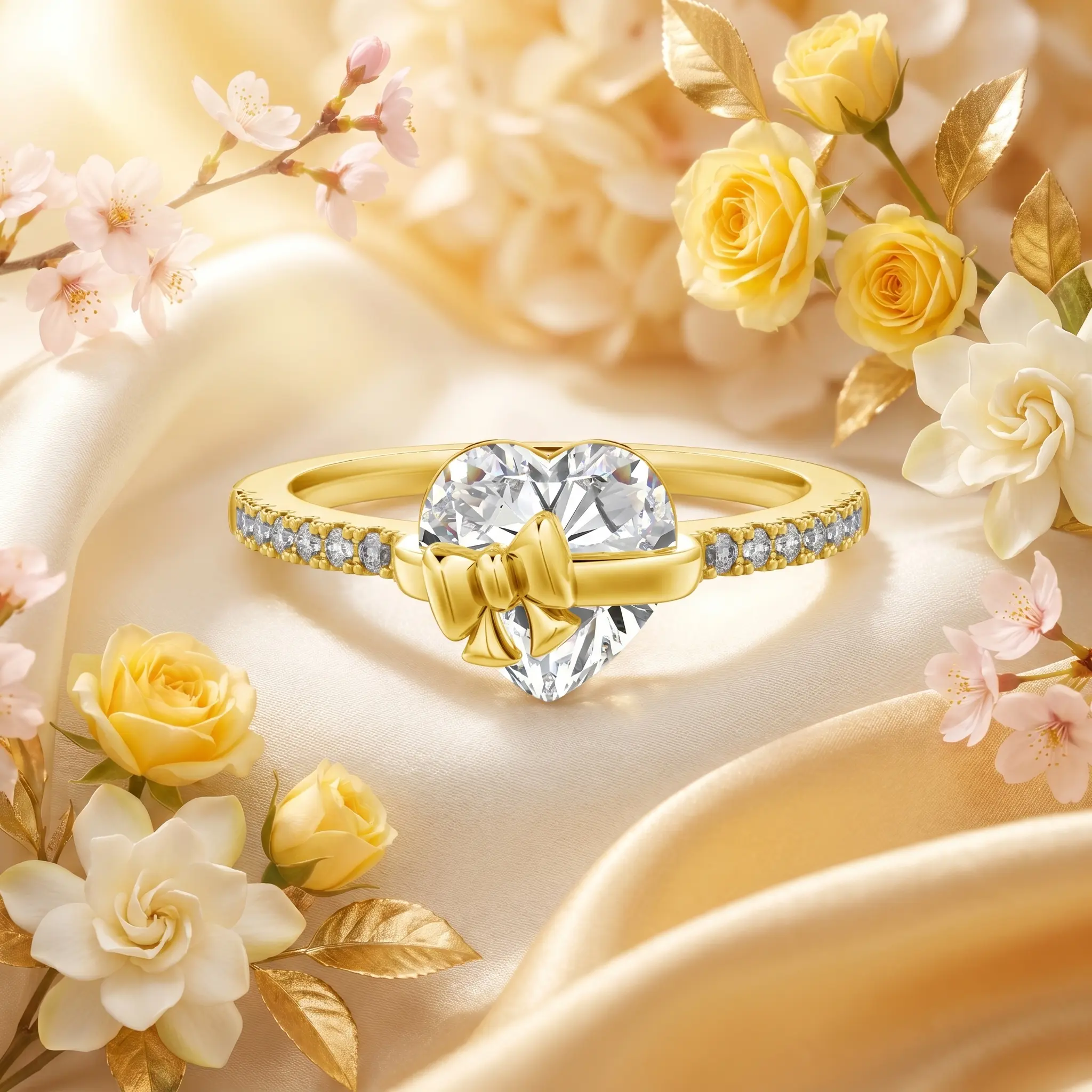 Women's Baroque Full Diamond Heart Bow Promise Engagement Ring - Everyday Gold Jewelry, Birthday Gifts for GF, Womens Gifts (Gold Rings for Special Occasions)