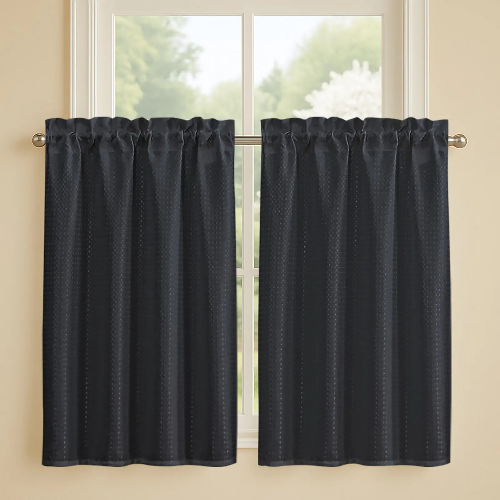 2pcs, BLACK Waffle Window Valance Curtain, Window, Rod Pocket, Semi-Blackout, Solid-color Curtains, Home Decoration Curtain, Apartment Decor, Window Decor, Laundry Room Bedroom Living Room Home Decor, Kitchen Decor, Window Drapes, W36"xH45"/ W91cmxH114cm
