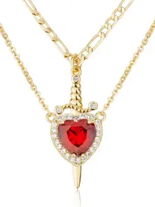 Heart & Sword Necklace Set, Copper Zirconia Pendant, Stainless Steel Vacuum, Elegant Fashion Valentine's Day Accessory