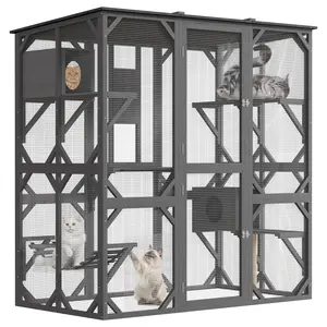 70" Catio Outdoor Enclosure, Window, Waterproof Roof, Bridge & Scratching Post, Grey