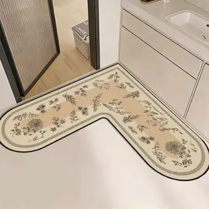 1pc Irregular L-Shaped Kitchen Mat, Floral Print Cartoon Design, Floral Area Rug, Absorbent Non-Slip Silicone Mud Bath Rug, Easy Clean Home Decor Carpet