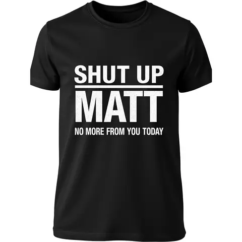 Men's Short-Sleeve Round Neck Shirts Funny Korean Letter Slogan Medium Length Tee - Unisex Chic Cute Cartoon "Shut Up Matt" Meme Retro Top, Figure-Flattering Comfortable Casual Streetwear, Machine Washable, Tropical Black Party Menswear
